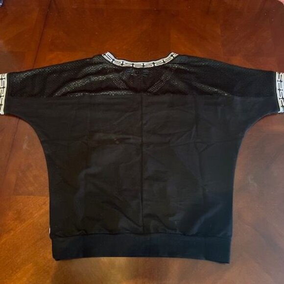 Olyss Black & White V neck Short Sleeve Top With Mesh & Rhinestone Accents Small - Picture 7 of 8